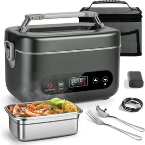 Electric Lunch Box for Men, 1.2L Cordless Heated Lunch Box, 24000mAh Rechargeable Portable Food Warmer with Auto Temperature Control, 5-Sided Heating, Leakproof, for Office, Outdoors & Truck, Black