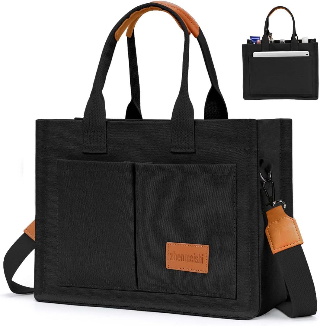 Ayieyill Canvas Tote Bag for Women with Pockets Crossbody Bag Tote Shoulder Handbags Casual Work Bags Everything Tote Bag (Black)