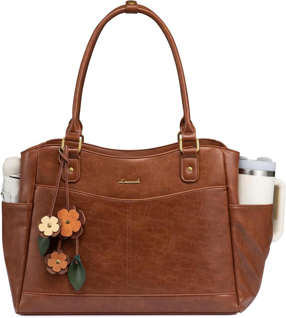 LOVEVOOK Laptop Bag for Women, Original Vintage Work Tote Bag Computer Office Teacher Bag with Flower Pendant (15.6 inch, Brown)
