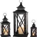 DECORKEY 3PCS (20’’&13’’&9’’) Lanterns Decorative Indoor & Outdoor, Vintage Metal Frame Candle Holders for Front Porch, Patio, Pathway, Balcony, Garden, Yard Decor, Halloween Christmas Decorations