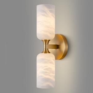 Alabaster Wall Sconce, 14in Modern Spanish Natural Marble Bathroom Vanity Sconces, Unique Indoor Brass Wall Lighting,Gold Fixtures Decor for Bedroom Living Room Staircases (Set of 1)
