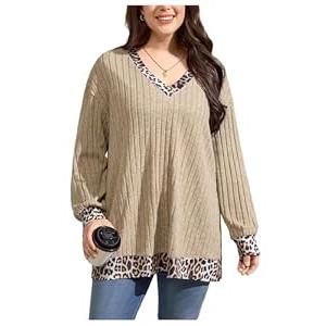 WDIRARA Women's Plus Size Leopard V Neck T Shirts Long Sleeve Tees Rib Knitted Tops Khaki 3X-Large Plus