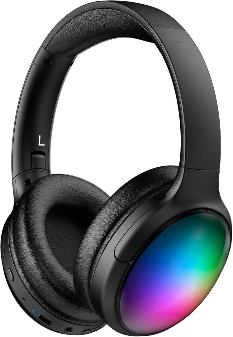 Bluetooth Headphone with Cool RGB Light, Foldable Lightweight Wireless Over Ear Headphone, 90 Rotatable Earcups, HiFi Stereo with Deep Bass Audio for Travel, iPad Cellphone Laptop PC