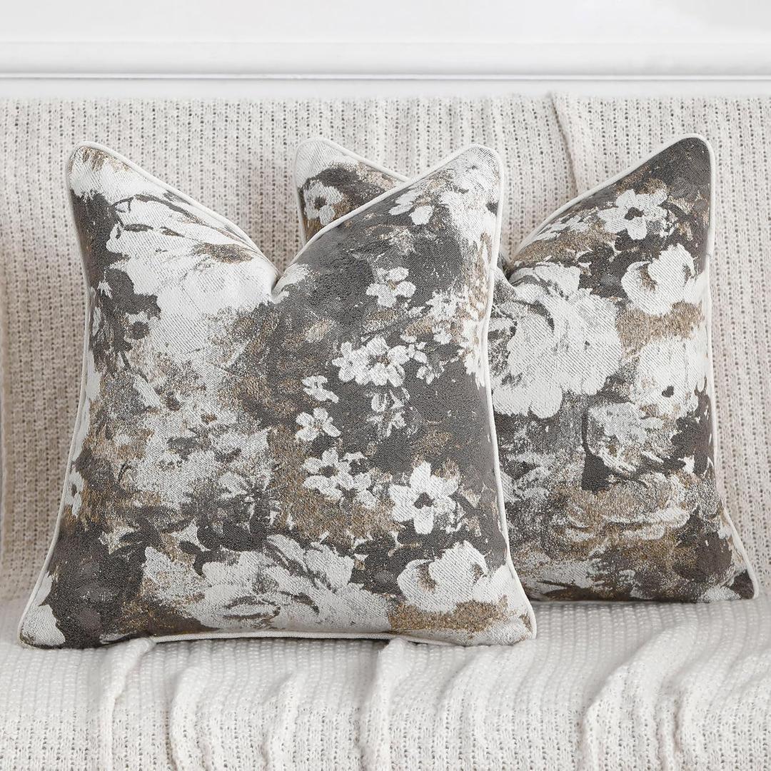 Vintage Floral Throw Pillow Covers 18x18 Set of 2 Neutral Boho Farmhouse Soft Chenille Jacquard Decorative Couch Pillow Covers for Sofa Couch Bed Living Room Home Décor Beige and Taupe