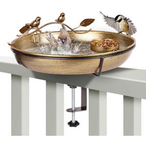 Metal Deck Mounted Bird Bath - 12 Inch Bronze Color Bird Bath for Outdoor with Small Bird Feeder and Decor Branch - Attracts Hummingbirds, Cardinals, Finches