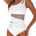 Womens Mesh One Piece Swimsuits Ruched Tummy Control Bathing Suit Modest Full Coverage Slimming Swim Suit, M