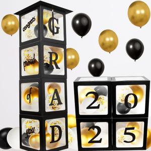2 x Graduation Decorations 2025 Deals,Balloon Boxes with Grad Cap Topper Black Kit for Graduation Party Decorations Props Backdrop-4Pcs Boxes with Letters Grad Hat Topper Decor-Class of 2025 Party Favors