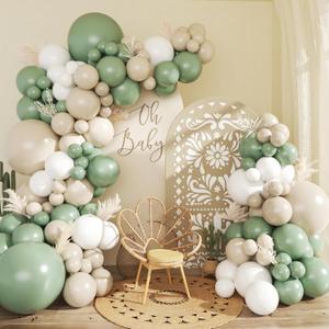 CROSSFINGERS Sage Green White Balloon Garland Arch Kit,145pcs Green Sand White Balloons Different Sizes for Birthday Baby Shower Gender Reveal Bridal Weddings Party Decoration