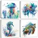Watercolor Octopus Seaturtle Seahorse Jellyfish Wall Art Beach Bathroom Decor Sea Animal Canvas Pictures for Bedroom Living Room Home Decoration Ocean Marine Life Coastal Painting Artwork 12x12" 4 Pcs