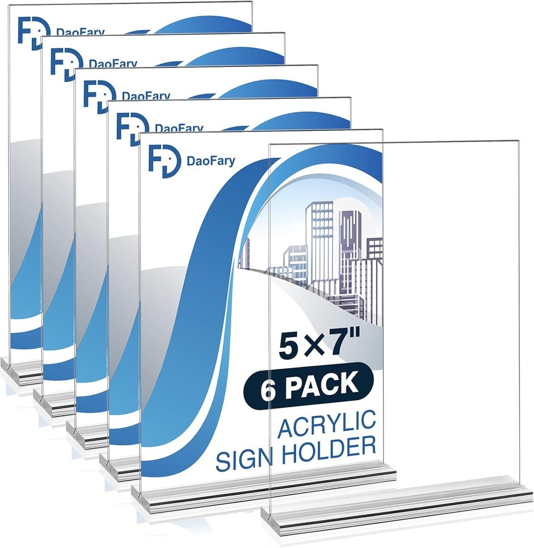 Daofary Acrylic Sign Holder 5 x 7 Clear Display Table Signs Stand, clear flyer stand Double Sided T Shape Flyer Holder Plastic for Picture Paper Frame Holder Home Office Menu Retail Show Fair 6 Pack
