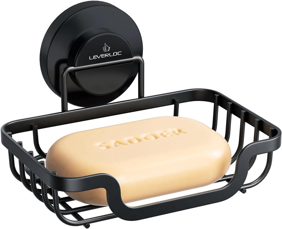 LEVERLOC Soap Dish, Soap Bar Holder for Shower Suction Cup Wall Mounted, Stainless Steel No-Drilling Removable Waterproof Sponge Holder for Bathroom Bathtub Kitchen Sink, Keep Dry, Black (5.7" * 4.8")