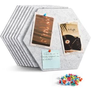 12" Large Bulletin Board with 30 Push Pins, Pack of 8 Hexagon Felt Pin Board Notice Boards for Home Office Kitchen, Felt Wall Tiles for Photos Memos (Grey)