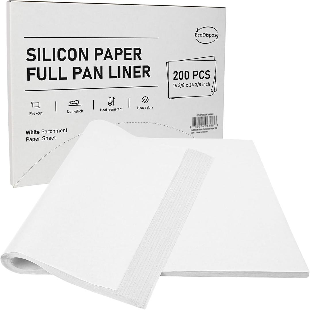 EcoDispose Non-Stick Precut Parchment Paper Baking Sheets Full Pan liner for Bake (16-3/8" x 24-3/8",White,200PCS)