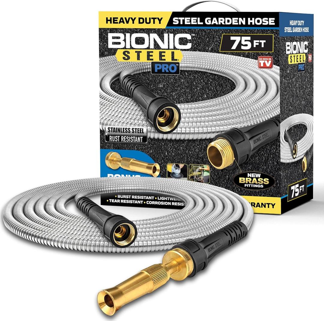 Bionic Steel PRO 75ft Garden Hose with Nozzle, 304 Stainless Steel Metal 75ft Water Hose Flexible Hose, Kink Free, Lightweight & Heavy Duty, Crush Resistant Fitting, Easy Coil, 500 PSI 2025 Model