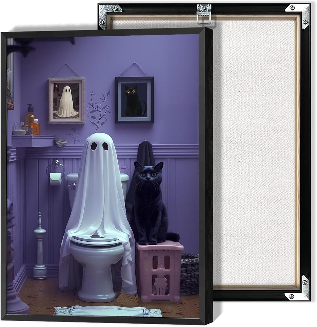 Funny Halloween Ghost On Toilet Canvas Posters Bathroom Ghost Black Cat Wall Art Whimsical Goth Dark Academia Horror Prints Painting For Living Room Bedroom Wall Decor 12x16in Unframed (12L" x 16W", Multi 10)