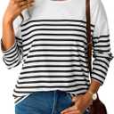 LilyCoco Womens Oversized Striped Shirt Color Block Crewneck Long Sleeve T Shirt White X-Large (XL)