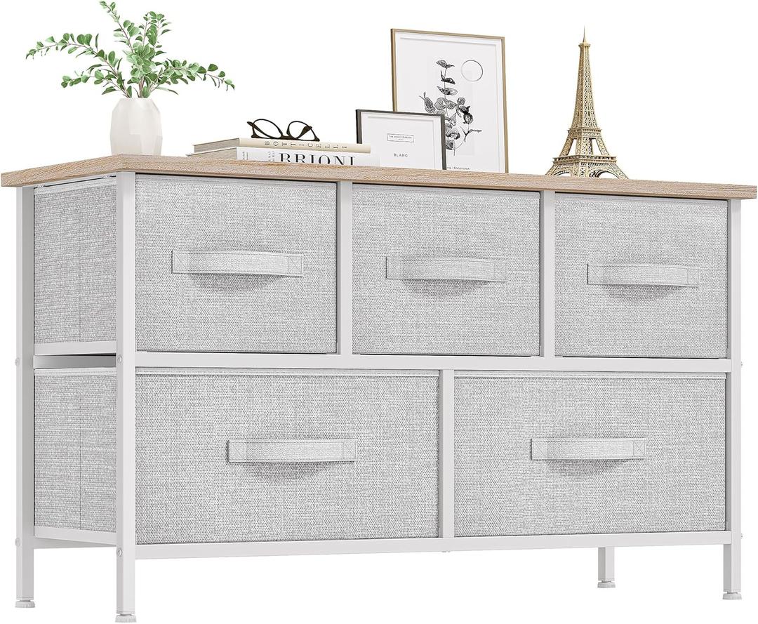 YITAHOME Dresser with 5 Drawers - Fabric Storage Tower, Organizer Unit for Bedroom, Living Room, Closets - Sturdy Steel Frame, Wooden Top (Light Grey Print)
