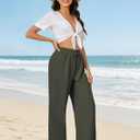 FireSwan Womens Palazzo Pants Casual Drawstring Flowy Pants Wide Leg Summer Beach Linen Trousers with Pockets (Green, M)