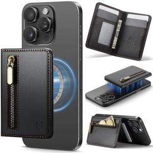 Strapurs Magnetic Card Holder Compatible with MagSafe Phones and Cases, PU Leather Slim Phone Wallet for iPhone 16/ 15/ 14/ 13/ 12/ Pro/ Max/ Plus, 4 Card Slots RFID Blocking with Zipper Pocket - Black