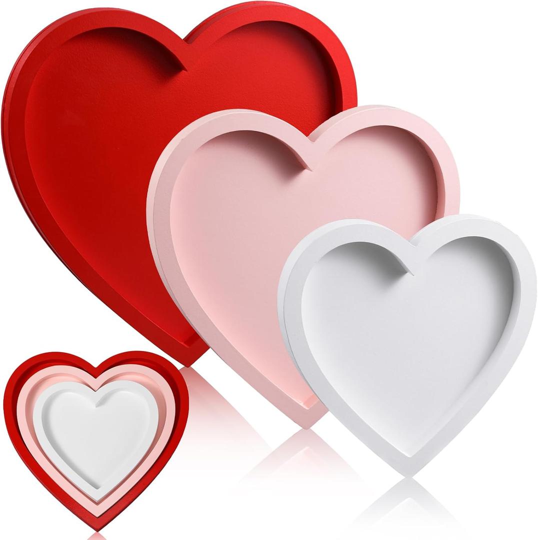 Hushee 3 Pcs Valentine's Day Wooden Serving Tray Heart Shaped Plate Wood Serving Dish Tray and Platter for Valentines Day Table Decoration Home Office Food Display, 3 Sizes(Heart, Red, Pink, White)