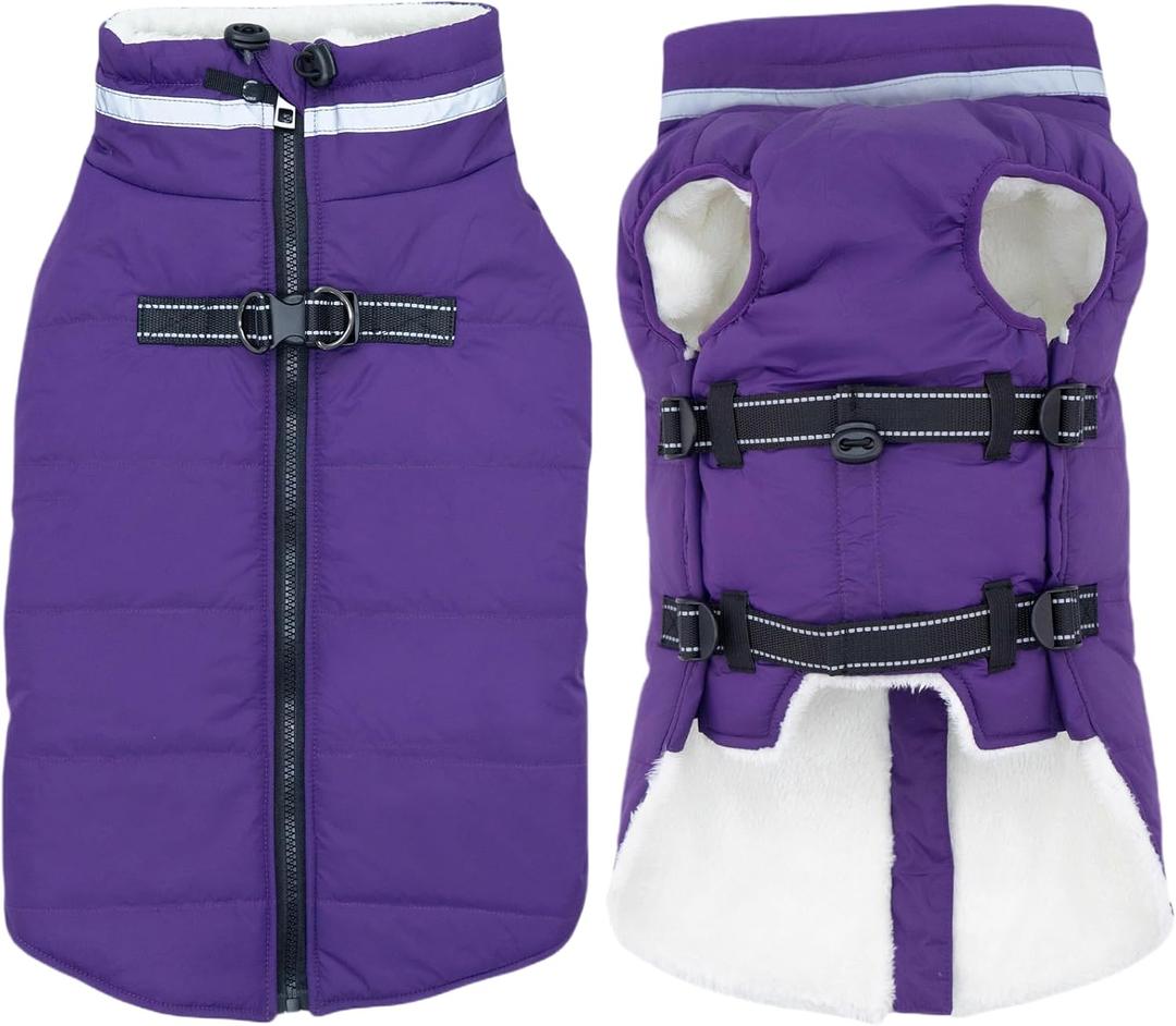 Mklhgty Large Dog Coat with Harness Built-in, Waterproof Reflective Fleece Lined - Warm Windproof Winter Jacket with Back Zipper, Cold Weather Snow Dog Coats - Purple - XL