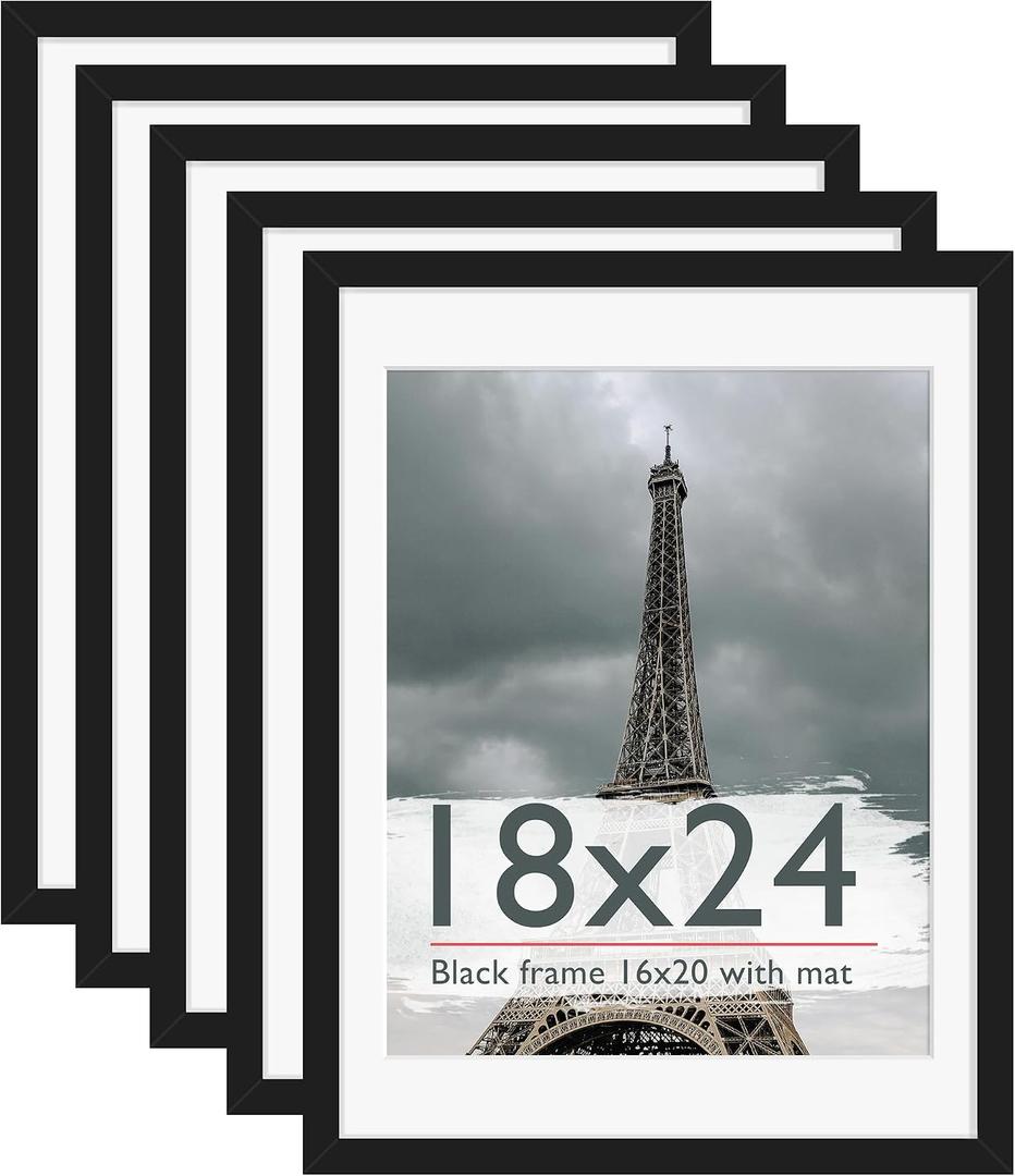 18x24 Frame Black 5 Pack, Display Pictures 16x20 with Mat or 18 x 24 without Mat with HD Plexiglass Durable and Scratch-proof for Horizontal or Vertical Wall Mounting