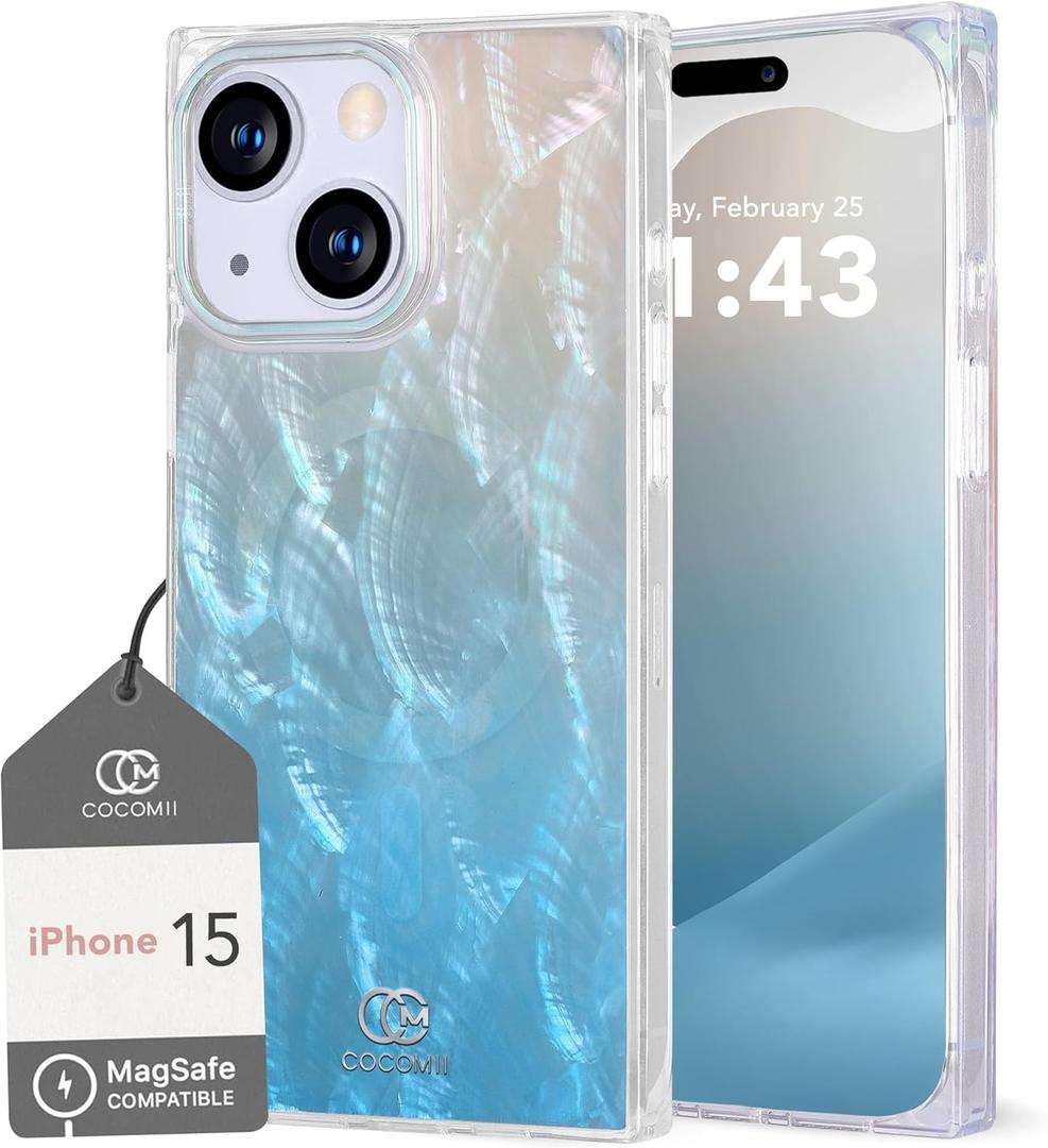 Cocomii - Rectangle Case Compatible with iPhone 15 - Compatible with MagSafe, Real Mother of Pearl, Opalescent Seashell, Glossy, Magnetic Phone Case for iPhone 15 6.1 inch, Turquoise Beach