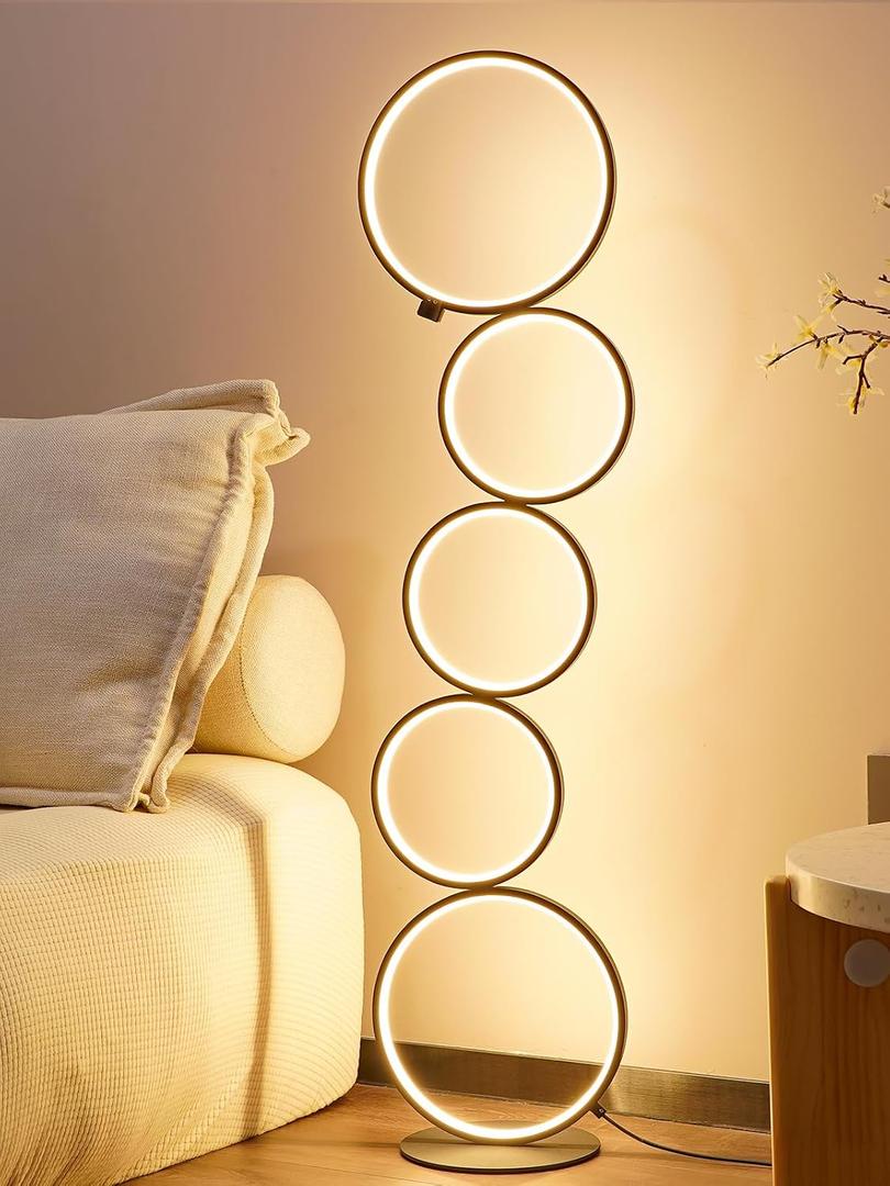 NUR Modern 5-Ring LED Floor Lamp, 43.3" Artistic Nesting Circle Standing Lamp, Stepless Dimmable Sculptural Accent Light for Living Room, Bedroom & Office, Minimalist Geometric Decor