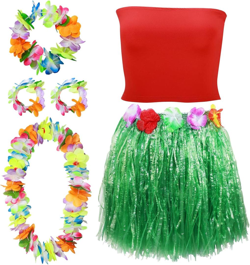 Yahenda 6 Pcs Women Hawaiian Costume Hula Grass Skirt with Crop Top Flower Necklace Bracelet Set Outfit for Luau Party (Medium)