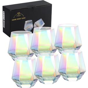 Wine Glasses Set of 6 (10 Oz), Stemless Wine Glass for Red and White Wine, Iridescent Diamond Shaped Glassware for Whiskey, Cocktail, Best Gift Anniversary, Wedding, Housewarming, Birthday