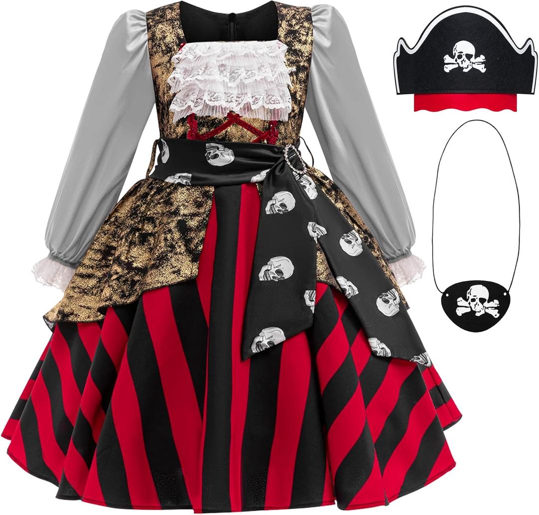 Girls Pirate Costume Buccaneer Princess Dress Up for Kids with Accessories Halloween Cosplay Party Outfit (9-10 Years, Red)