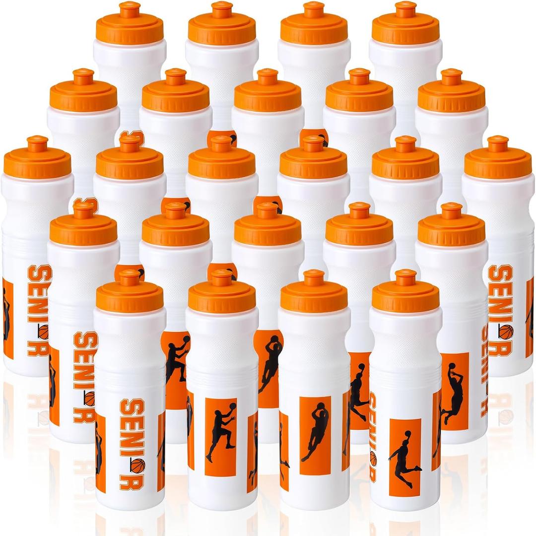 Talltalk 24 Pcs Basketball Water Bottles Bulk 25 oz Reusable Squeeze Sports Bottles Portable Leak Proof Plastic Juice Bottle for Summer Sport Themed Party Favors Birthday Team Senior Night Gifts