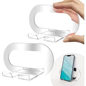 Daily Treasures 2Pcs Mirror Wall Phone Holder, Adhesive Wall Mount Cell Phone Stand Acrylic Phone Wall Mount for Bathroom Kitchen Shower Dorm Mirrors Glass, Compatible with iPhone iPad Cell Phone