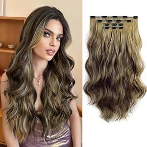XIXISNOW 4PCS Clip ins Curled Fake Wavy Natural Hair Extensions for Women 22 Inch Synthetic Fiber Hairpieces Soft Clips on Extension for Daily Party Wear Honey Blonde mix Dark Brown