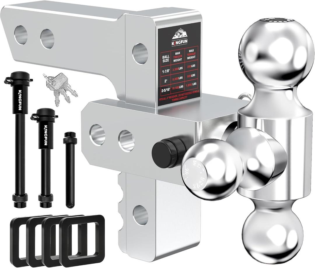 Kingfun Adjustable Trailer Hitch - Drop Hitch 2.5 Inch Receiver, 6 Inch Drop/Rise Tow Hitch, Tri Ball (1-7/8", 2" & 2-5/16" Ball), 18500 Lbs Gtw Aluminum Heavy Duty Hitch with Anti-Theft Pin- (Silver)