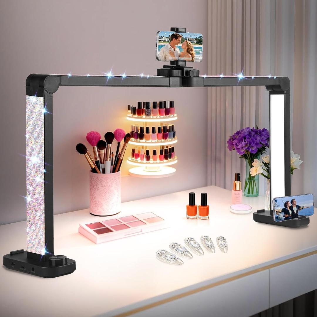 KIRKAS 34inch Large Half Moon Light for Nail Tech with Diamond, 456 LEDs 3 Color Modes Infinitely Knob with Phone Holder Charging Function, Lighted Desk Lamp for Craft Black(34inch Large With Diamond)