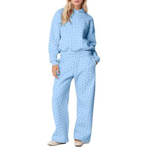 OLAPTA Women 2 Piece Outfits Ditsy Flower Print Sweatsuits Sets Long Sleeve Sweatshirts Wide Leg Sweatpants Fall Tracksuits Medium