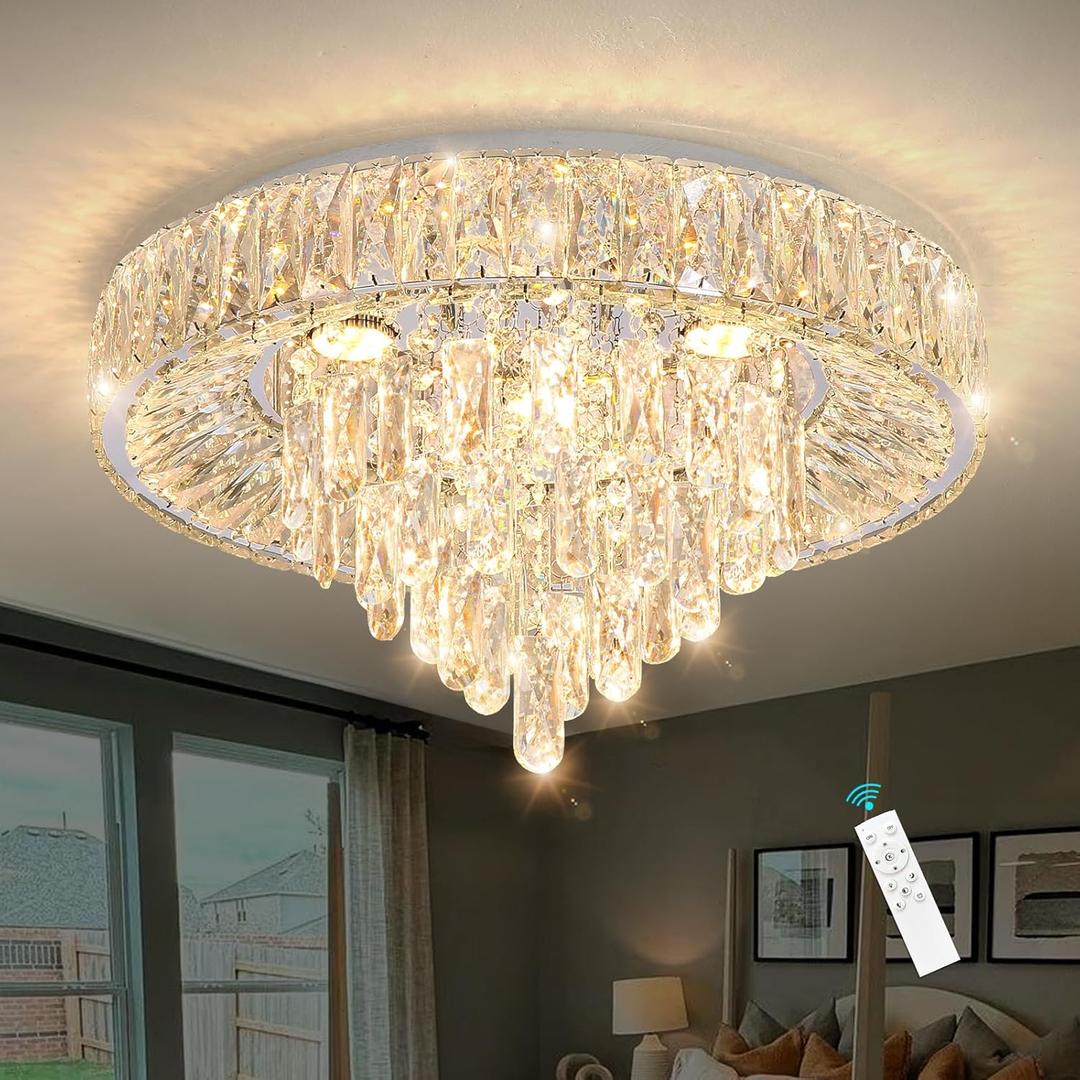 Modern Crystal Chandeliers for Dining Room LED Light Fixture Close to Ceiling Chandelier Flush Mount Ceiling Light Dimmable Lamp with Remote for Living Room Bedroom Hallway 2700K 6000K (19.7'' Width, Silver)