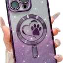 for iPhone 16 Pro Case, Glitter Clear Cute Paw Love Heart, Compatible with MagSafe, Strong Magnetic Full Camera Lens Protection Cover, Soft Slim Bling Phone Case 6.3" - Purple