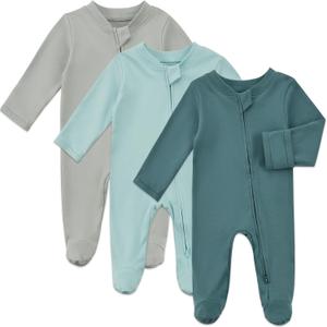 Aablexema Baby Organic Cotton Pajamas 2 Way Zipper Preemie Newborn One Piece Outfit Long Sleeve Footed Sleepwear(Green Set,Newborn)