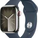 Apple Watch Series 9 [GPS + Cellular 41mm] Smartwatch with Silver Stainless Steel Case with Storm Blue Sport Band S/M. Fitness Tracker, Blood Oxygen & ECG Apps, Always-On Retina Display