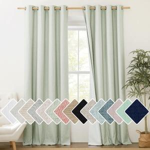 NICETOWN Full Blackout Sage Green Linen Curtains 102 inches Length with Thermal Insulated Liners for Living Room, 2 Panels, 52 inches W, Farmhouse Style Keep Warm Large Window Draperies for Hall