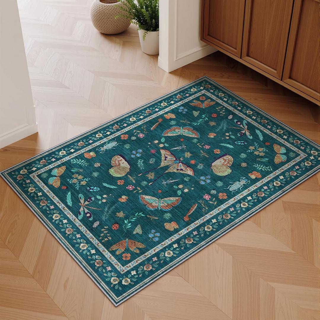 2x3 Entryway Rug with Insect Print - Indoor Non-Slip Small Bug Rug for Front Door, Low Pile Machine Washable Throw Carpet for Entryway, Kids Nursery, Bedroom, Kitchen, Laundry, Bathroom (2'x3' Teal)