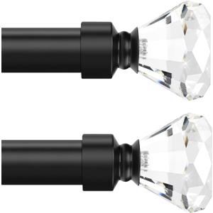 Knobelite Black 2 Pack Window Treatment Single Curtain Rod, Adjustable Drapery Rod Set from 48 to 86 Inches with Crystal Finial Finials(4-7.2ft), 1-Inch Diameter Curtain Rods for Windows