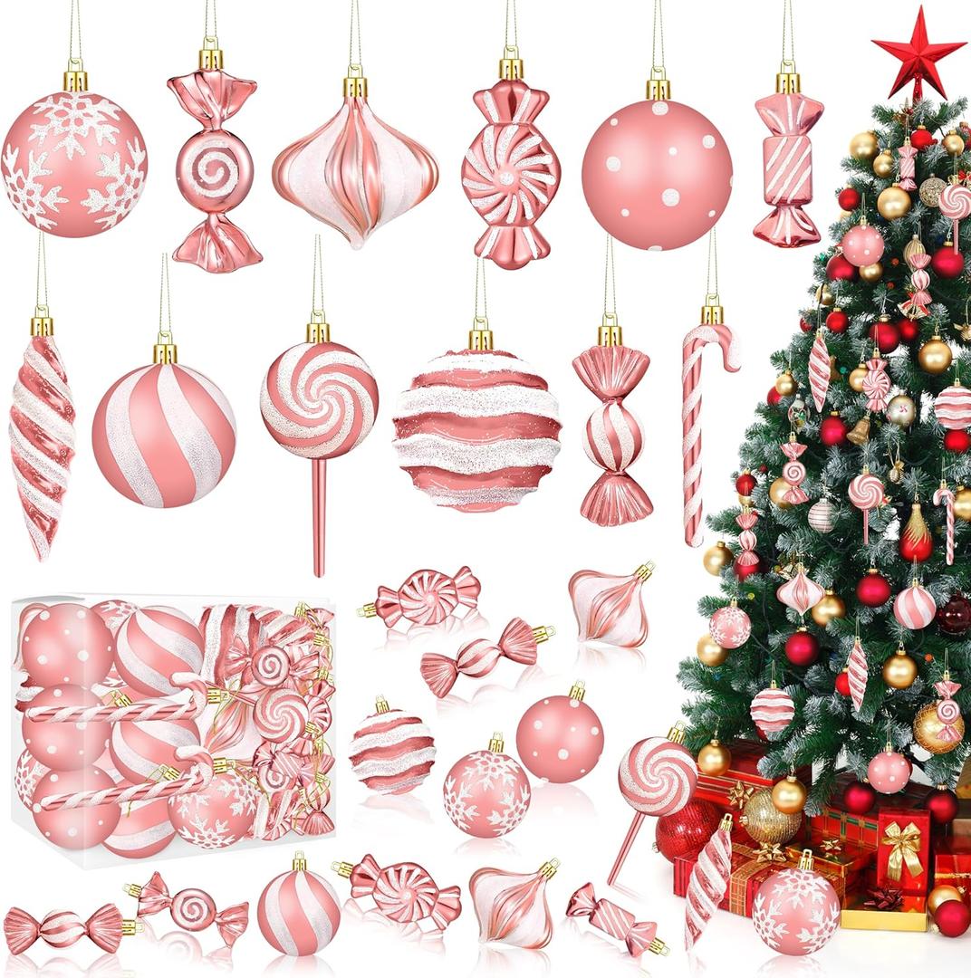 Christmas Ornaments Candy Lollipop Set -48Pcs for Xmas Tree Decoration Hanging Plastic Gloss Candy Canes Ball Pendants for New Year Home Decor Party Supplies (Rose Gold)