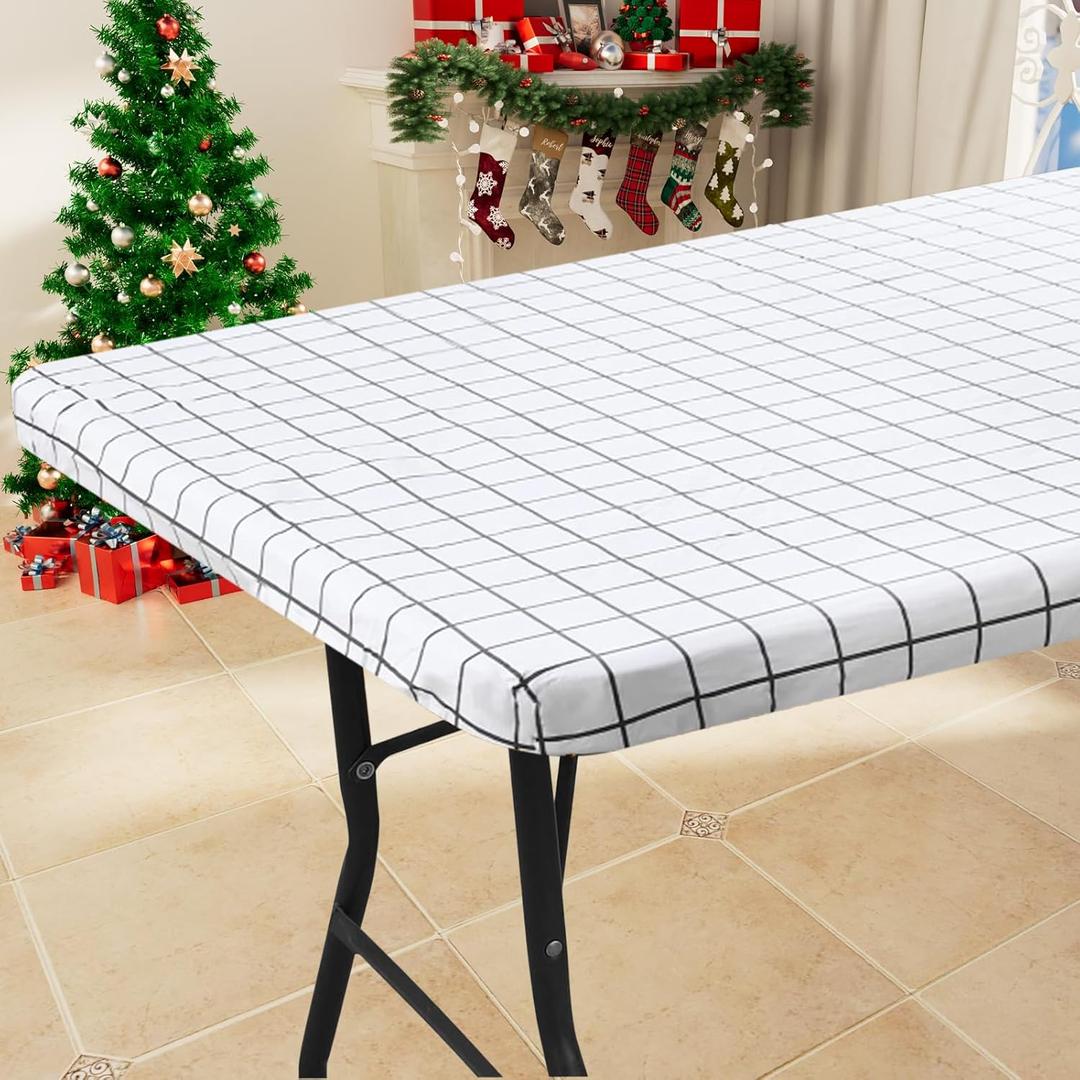 Rectangle Vinyl Table Cloth 30x48, Waterproof Elastic Fitted Tablecloth with Flannel Backing, Plastic Table Cover for Picnic, Camping, Outdoor, White
