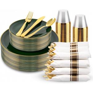 KIRE 175PCS Green Plastic Plates with Gold Rim - Heavy Duty Green Plates Disposable Include 50 Fancy Plastic Plate, 25Pre Rolled Napkins 25 Cups For Party/Wedding/Spring