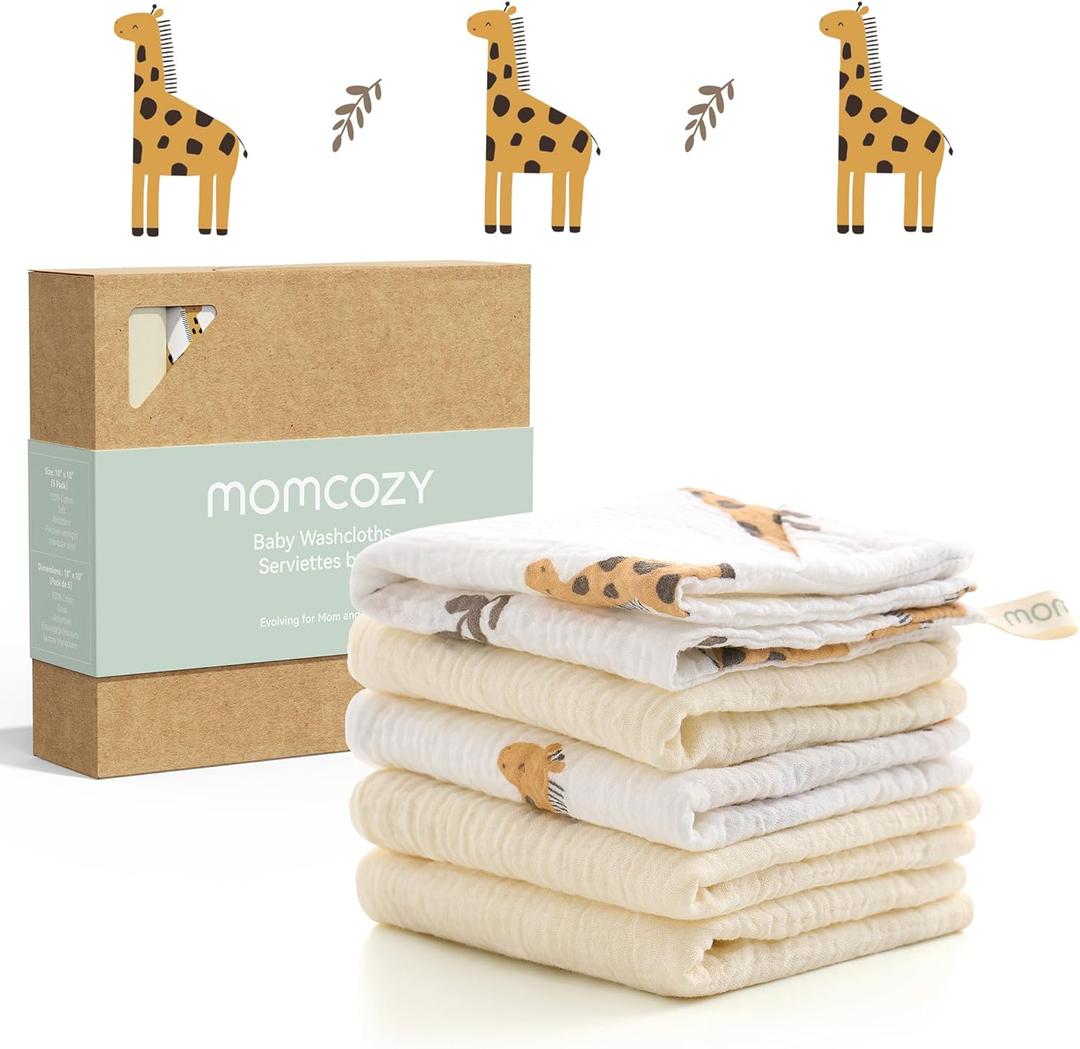 Momcozy Baby Washcloths - 4 Layer Design| Medium Thickness| Soft & Absorbent| Premium Cotton for Newborns'Skin-Great for Bathing, Wiping & on-The-go Use, Shower Gift and Essential(5 Pack, 10x10 inch) (Sunny Giraffe)