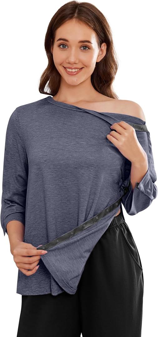 Deyeek Post Shoulder Surgery Shirts for Women Tear Away 3/4 Tops After Rotator Cuff Shirts Chemo Port Adaptive Clothing (Blue, M)