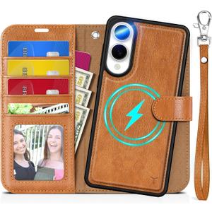 TUCCH Wallet Case for Galaxy S25 Edge, Removable 2 in 1 RFID Blocking [4 Card Slot] Wrist Strap [Wireless Charging] Kickstand PU Leather Magnetic Detachable Protective Cover for Galaxy S25 Edge, Brown